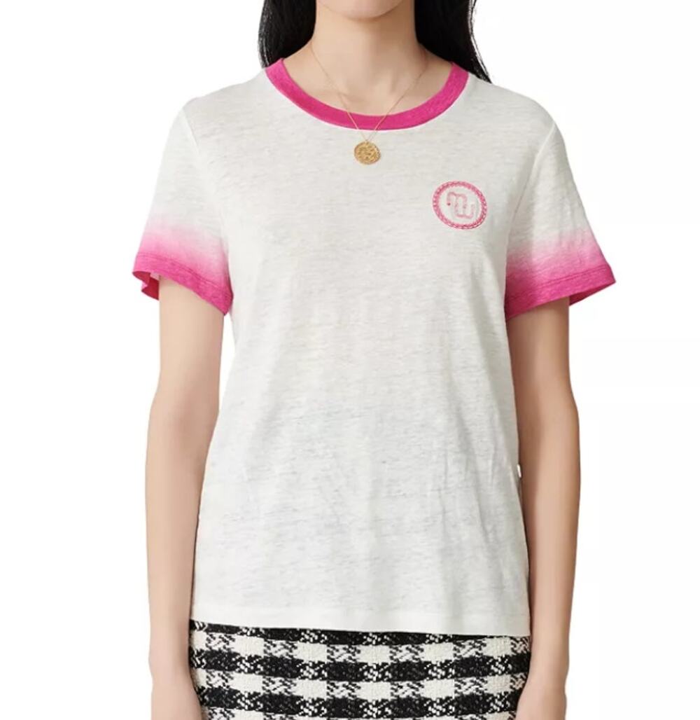 MAJE Embroidered-Logo Ombre Linen T-Shirt Crewneck Pullover White Pink Size 1